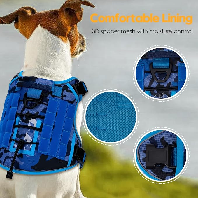 Heavy-Duty Tactical Dog Harness for Large Dogs, No Pull Adjustable Reflective Pet Vest with Molle System, K9 Military-Grade Control for Service Training, Outdoor & 10+ Breeds, Blue Camo, Large - Image 2