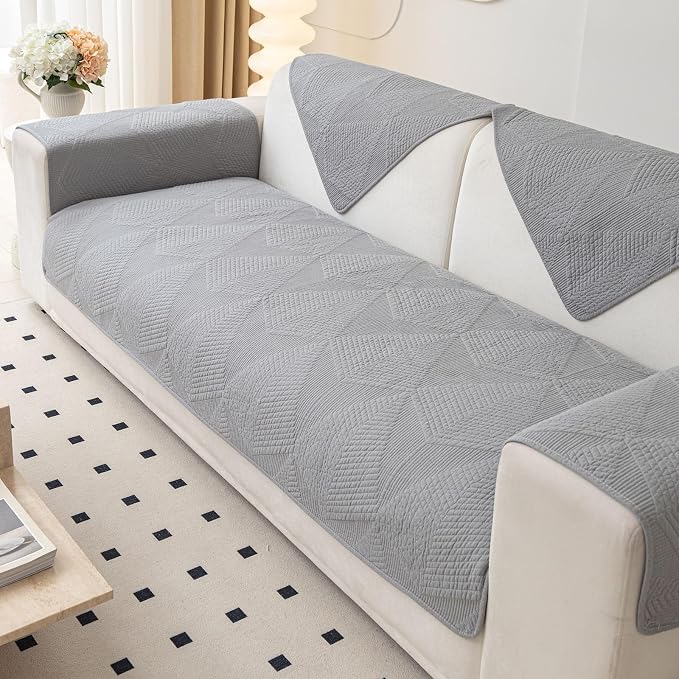 vctops Cotton Quilted Couch Covers for Sectional Sofa (Grey,43"x63") | Geometric Washable Non Slip Sofa Slipcover for Dogs, Children, Pets Furniture Protector Cover - Image 5