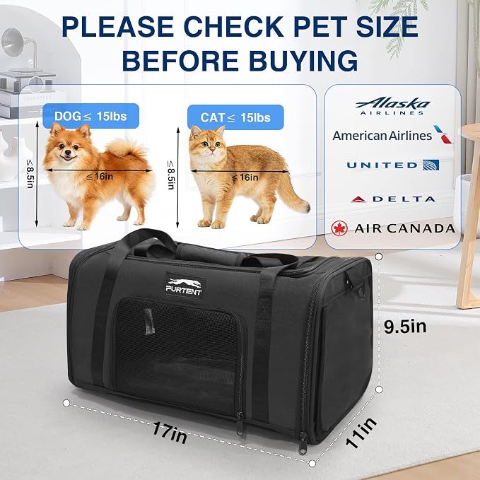 Pet Carrier for Small Dogs & Cats, Airline Approved, Lightweight, Foldable, Comfortable Travel Bag with Plush Cushion & Extra Storage (Black) - Image 4