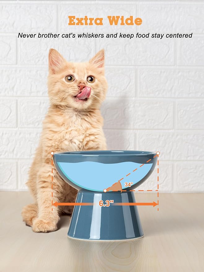 LoeJan Elevated Cat Food and Water Bowls Set, Extra Wide and Raised Ceramic Feeder, Anti-Vomit Whisker-Free Pressure Feeding Bowl for Kittens Adult Small Dogs, Deep Blue - Image 8