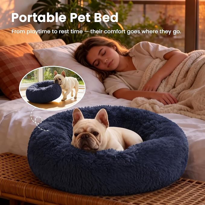 Love's cabin Calming Cat Bed for Indoor Cats, Anti-Anxiety Donut Round Dog Bed, Fluffy Faux Fur Washable Pet Bed for Small Medium Dogs and Cats, Navy, 24in - Image 4