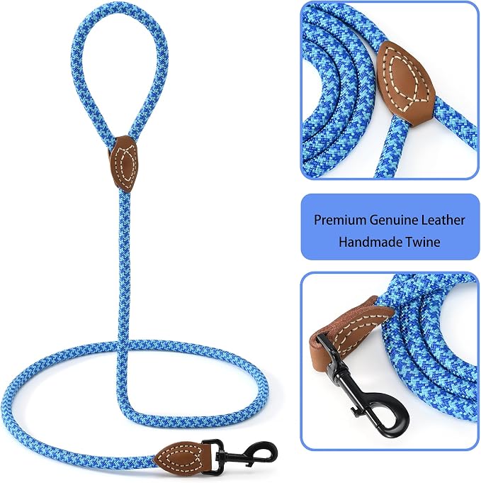 Mile High Life Dog Leash with Genuine Leather-Wrapped Ends, 4/5/6FT | Tangle-Free 360° Swivel Clasp Heavy Duty Rope Leash | Small Medium Large Dogs | Daily Walking (Sky Blue, 72 Inch, 1/2") - Image 3