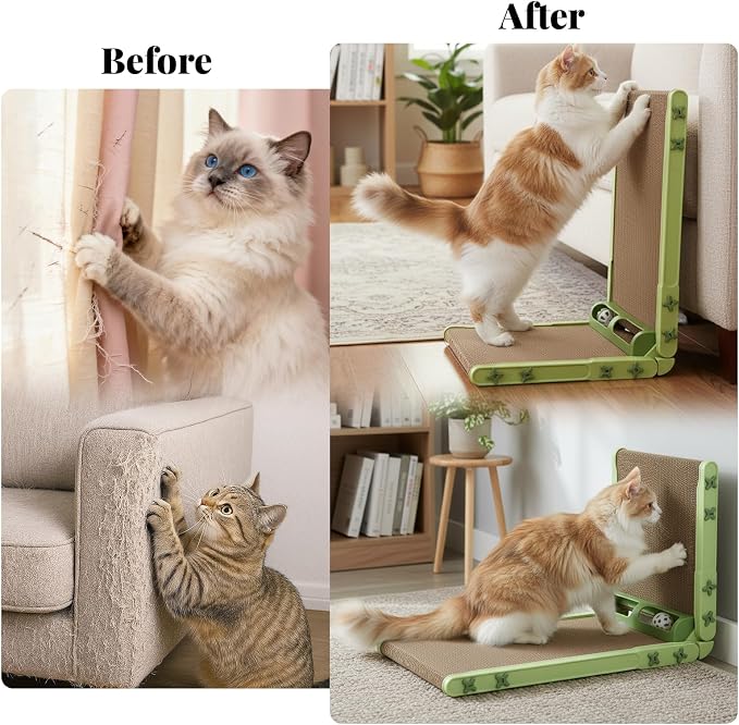 L Shape Cat Scratcher, 26.8 Inch Cat Scratchers for Indoor Cats, Protecting Furniture Cat Scratch Pad, Cardboard Cat Scratching with Ball Toy, Catnip, Large (Green) - Image 5