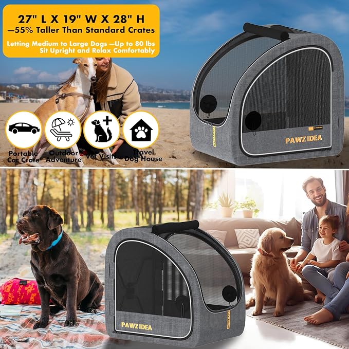 PAWZIDEA Portable Dog Crate for Car Travel, Medium & Large Dogs Up to 80lbs | Soft-Sided Dog Car Kennel for Backseat, Secures Seatbelt & Headrest Strap, Collapsible Enclosed Car Seat Carrier, Chew-Proof - Image 5