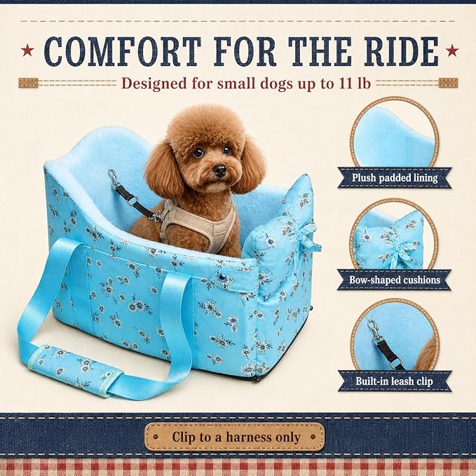Console Dog Car Seat Up to 11lbs (Blue Daisy) | Portable Dogs Armrest Booster Seat for Small Dog, Anti-Collapse Pet Car Seat with Soft Cushion Safety Belt - Image 5