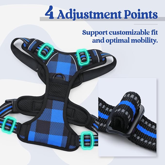 rabbitgoo Dog Harness, No Pull for Large Dogs with 2 Leash Clips, Pet Vest | No Choke with Handle, Adjustable Soft Padded, Reflective, Easy Control for Walking, Blue Plaid, Small - Image 4