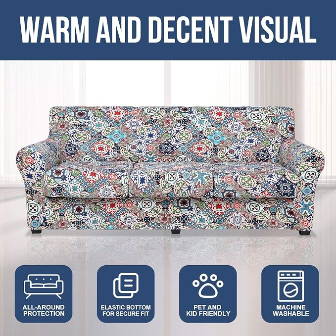 hyha Stretch Couch Covers, Sofa Cover for 3 Cushion Couch Pet Friendly | Floral Pattern, Printed, 4 Pieces, 3 Separate Cushion Sofa, Durable Anti-slip Washable Protector with Elastic Bottom for Dogs - Image 8