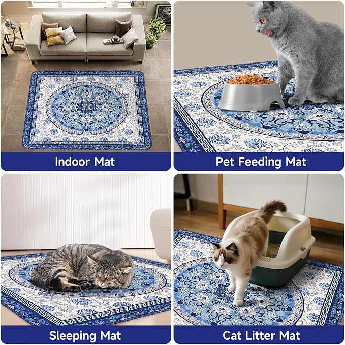 Cat Litter Mat, Reusable Kitty Litter Trapping Mat 2 PCs, 35"x35" Washable Litter Mats for Cats, Waterproof & Non-Slip Compatible with Cat Box (Indigo Blue Medallion, 35"x35"(2 PCS)) - Image 5
