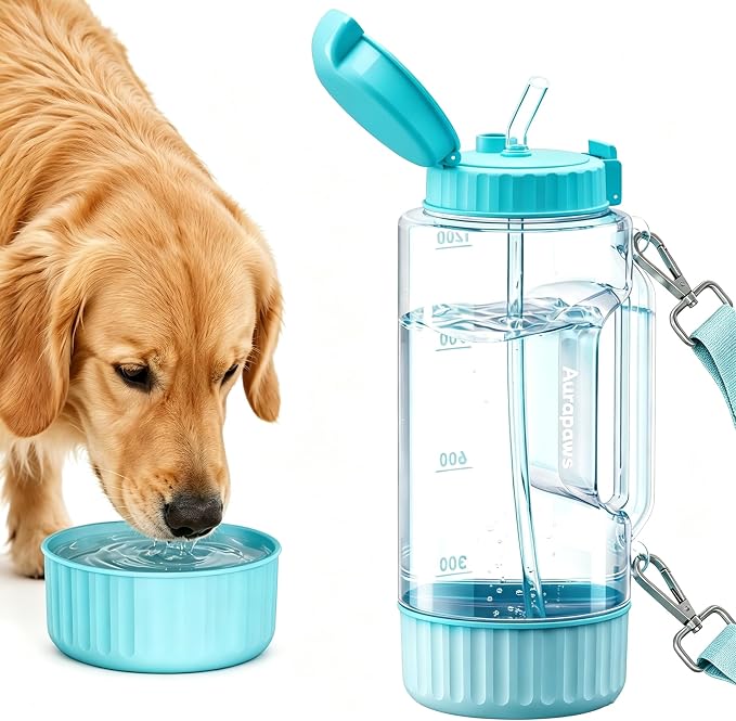 Dog & Mom Water Bottle 40.58oz with Detachable Bowl for Travel | 9.13oz Detachable Bowl, Travel Water Bowl, Leak Proof Pet Water Dispenser, BPA-Free, Hiking, Walking, Camping, Beach by Aurapaws