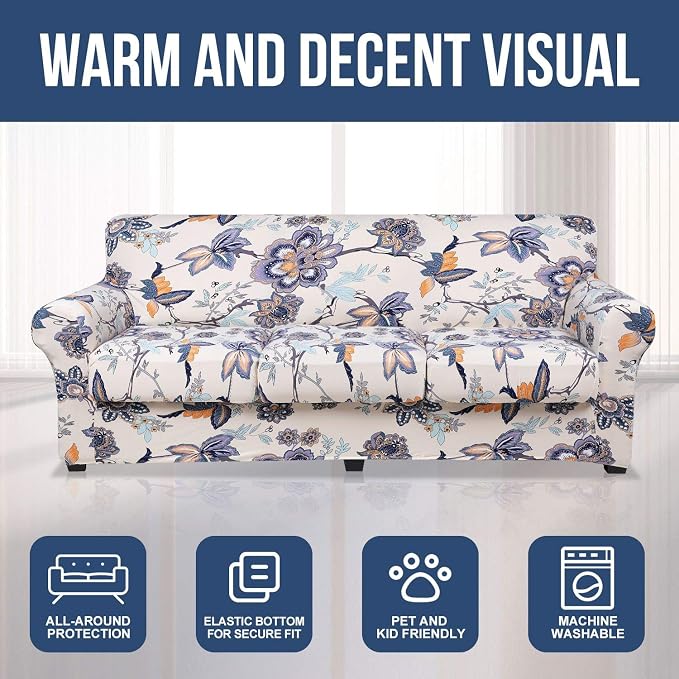 hyha Stretch Couch Covers, Sofa Cover for 3 Cushion Couch Pet Friendly | Floral Pattern, Printed, 4 Pieces, 3 Separate Cushion Sofa, Durable Anti-slip Washable Protector with Elastic Bottom for Dogs - Image 8