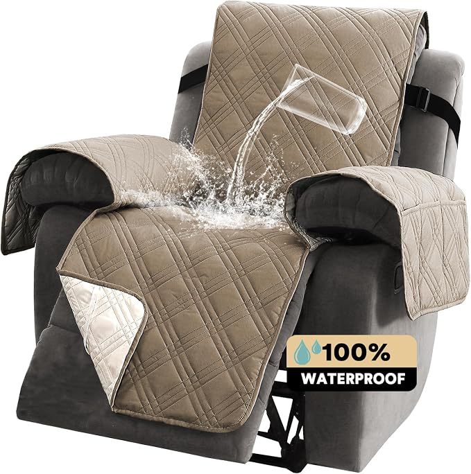 PrinceDeco Recliner Cover 100% Waterproof Couch Cover Sofa Cover for Living Room Water Resistant Furniture Protector with Elastic Straps for Pets Dog(Recliner28,Taupe) - Image 7