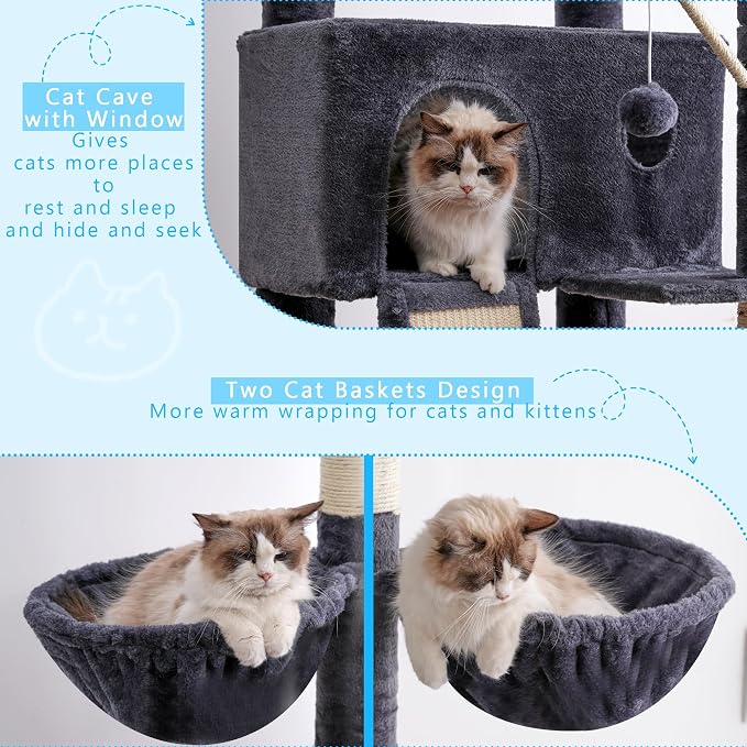 Hey-brother Cat Tree Tower, Adjustable Height, Floor to Ceiling, MPJ091G | 94.5-106.3 Inches Multi-Level Cat House, Scratching Posts, Plush Condo, Platform, Toy Ball for Indoor Big Cats, Smoky Gray - Image 4