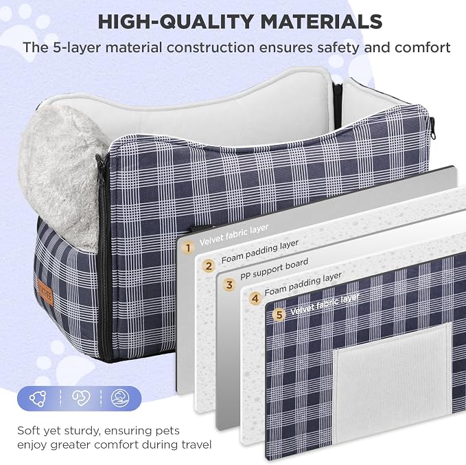 Center Console Dog Car Seat for Small Dogs-Washable Plaid Oxford Pet Booster Seat,Anti-Collapse Design with Soft Plush & Sturdy Support Board,Adjustable Safety Leash for Small Dogs & Cats up to 15 lbs - Image 3