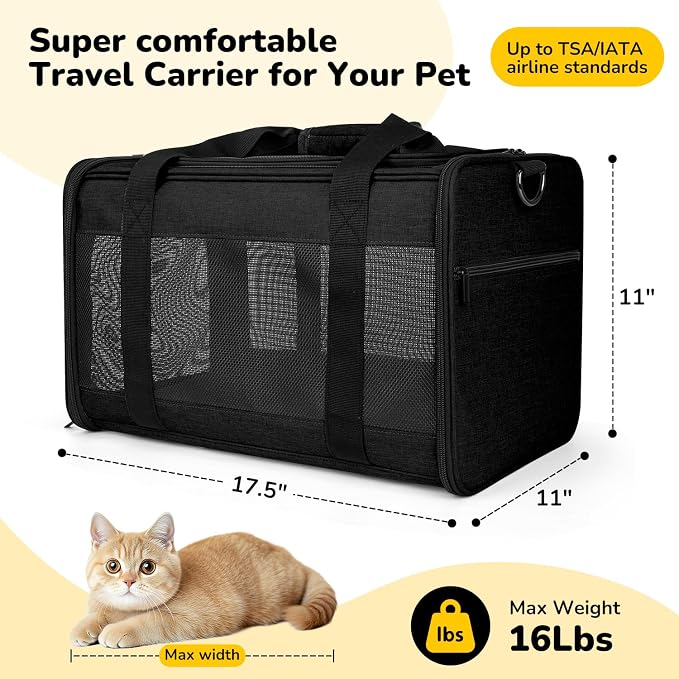 Hipubby Cat Carrier Dog Carrier for Pets Up to 16 Lbs, Soft-Sided Pet Travel Carrier for Cats and Small Dogs, Airline Approved Pet Carrying Case with Shoulder Strap & Removable Mat - Black - Image 4