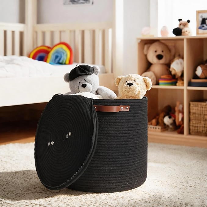 Storage Basket with Lid, 15"x13" Round Woven Blanket Storage for Living Room, Decorative Cotton Rope Hamper with Zipper Top, Black Laundry Basket with Lid, Floor Covered Kids Dog Toy Bin Box - Image 5