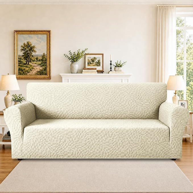 ZNSAYOTX 1 Piece Stretch Sofa Covers for 3 Cushion Couch (72"-90"), New Plaid Couch Cover with Non-Slip Buckle for Dog Pets, Ultimate Soft Cozy Washable Sofa Slipcover Form Fit Protector, Beige - Image 2