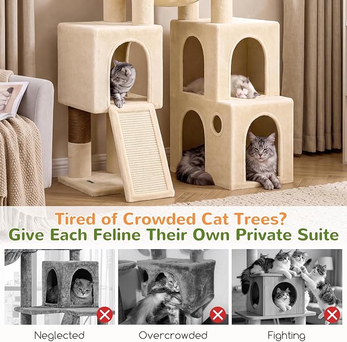 Globlazer Tall Cat Tower for Indoor Adult Cats, 72-inch, S72G, Beige | Heavy Duty Cat Tree House for Big Cats with 2 Extra-Large Padded Platform, 7 Sisal Scratching Posts, 3 Large Condos - Image 2