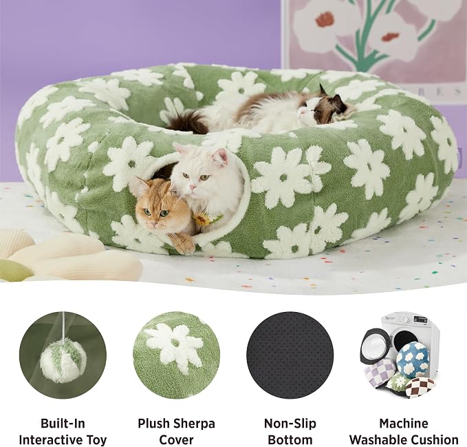 Lesure Donut Cute Jacquard Large Cat Tunnel Bed Kitten Toys for Dog Bunny | 39.5x39.5x10in,Round Large Cat Bed Tube for Multi Kittens,Pet Peekaboo Cave Toy,Spiral Hideaway,Washable Cushion,Green - Image 3