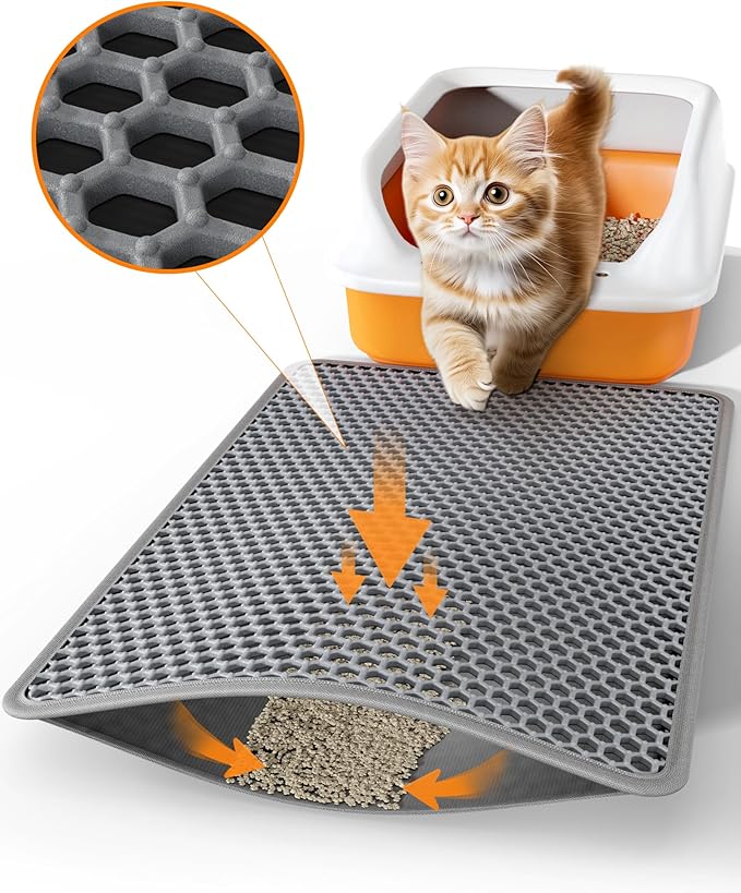 Powools Cat Litter Mat, Double-Layer, 23.2 x 14.6 in, Urine-Proof, Grey | Non-Slip Litter Trapping Mat, Easy to Clean, Kitty Litter Mats for Floor, Scatter Control, Waterproof Litter Box Mat for Cats by Powools