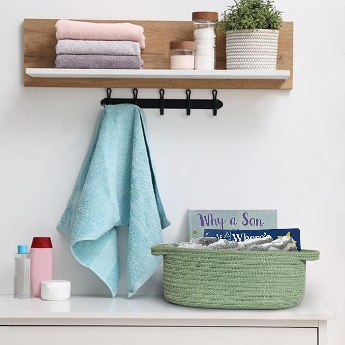 MEGASKET Green Woven Basket, 13" x 9" x 5" Baskets for Gifts Empty, Cute Cotton Rope Cat Dog Toy Bin Box, Small Woven Bin for Organizing, Green Room Decor, Nursery Baby Cloth Diaper Storage Organizer - Image 4