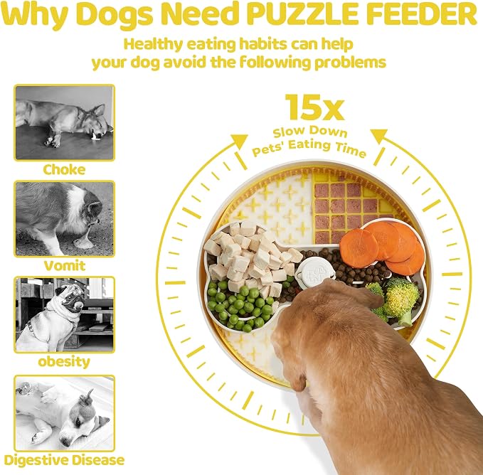 Puzzle Feeder Slow Feeder Dog Bowl with Lick Mat and Puzzle Inserts - Non-Slip Base, Adjustable Speed Design, Dishwasher Safe for Large Dogs,Yellow - Image 2