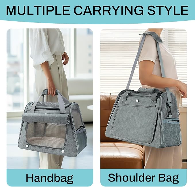 Airline Approved Soft-Sided Pet Carrier for Cats & Small Dogs - Ventilated Travel Bag with Removable Mat, Under 15 lbs, Grey - Image 7