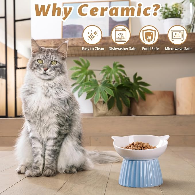 Ceramic Raised Cat Bowl，Tilted Raised Cat Bowl Anti Vomit Cat Bowls for Indoor Cats Whisker Friendly Pet Feeder for Cats Puppies, Microwave and Dishwasher Safe, Blue - Image 6