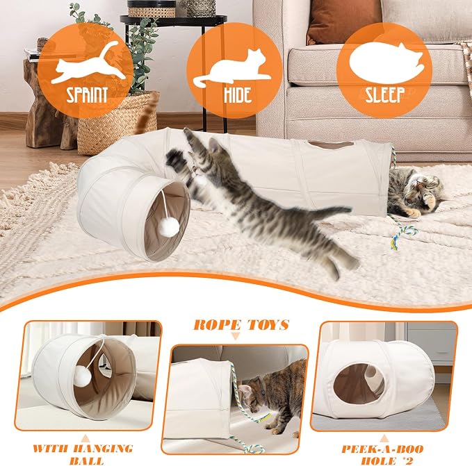 Cat Tunnel, 2-Way Collapsible Cat Tube with Interactive Peek-A-Boo Hole, Toy Ball, and Rope Ideal for Indoor Cats, Kittens, and Rabbits, Beige - Image 2