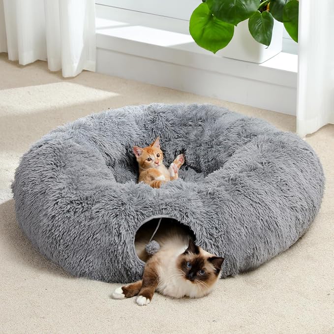 PAWZ Road Cat Tunnel Bed,Collapsible Cat Donut Tunnel with Soft Mat & Balls | 2 tunnels + soft mat form circle, with peephole & dangling balls. Plush, collapsible, Stores Easy. For small & large cats - Image 7