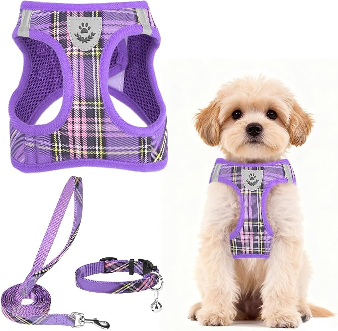 PUPTECK Dog Harness, Collar and Leash Set No Pull for Small Medium Sized | Plaid Puppy Step-in Escape Proof Reflective No Choke Pet Cat Adjustable Walking Vest by PUPTECK