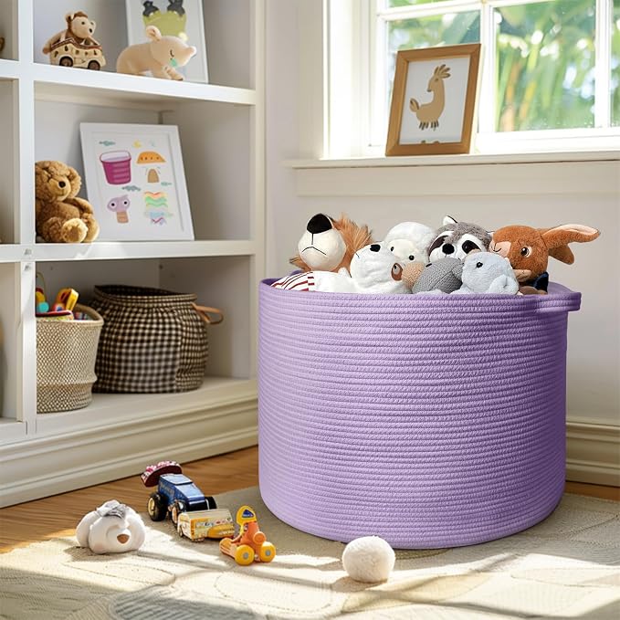 MEGASKET 115L Extra Large Purple Storage Basket, 23.6" X 15.7" Jumbo Woven Cotton Rope Bin for Throw Blankets Pillows, Baby Laundry Basket, Dirty Clothes Organizer, Big Storage Box for Toys, Towels - Image 6