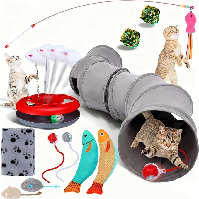 12pcs Cat Tunnel Set Large Collapsible Pet Tunnel Tube S-Shaped Maze Cats Indoor Cat Toy with Stick Pet Blanket Turntable Toy Balls Mice Fish and Noise Paper Ball Kitten Exercise Play by Unknown