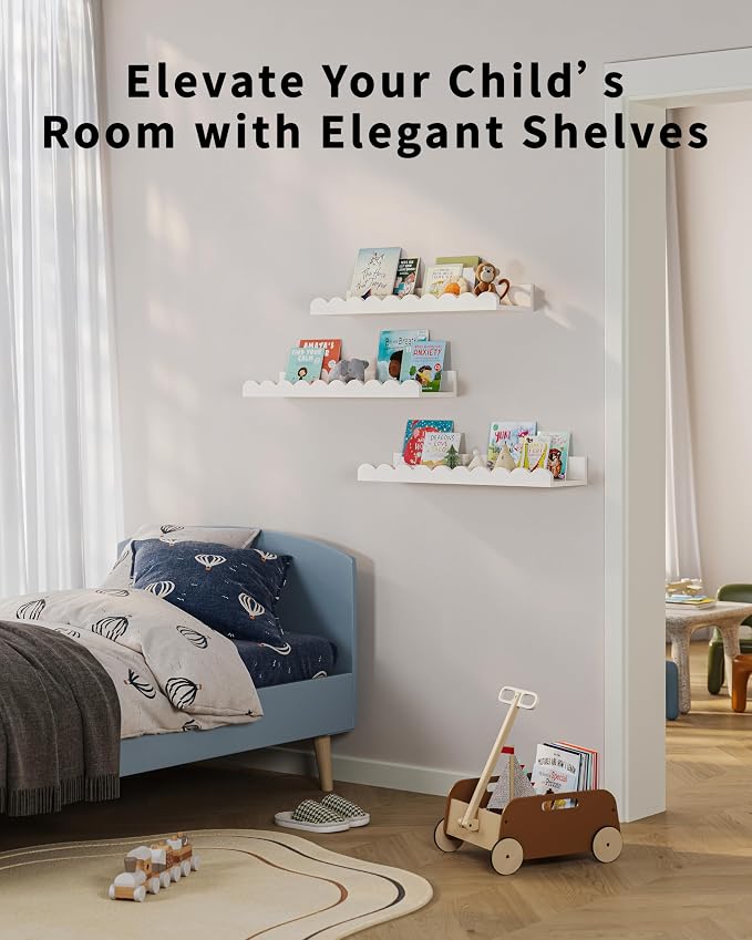 G&W Gruwald Nursery Book Shelves, Set of 3, Nursery Decor for Baby and Toddler, Scalloped Shelves, Book Shelf for Kids Rooms, Wall Book Shelf for Bedroom Kids - Image 3