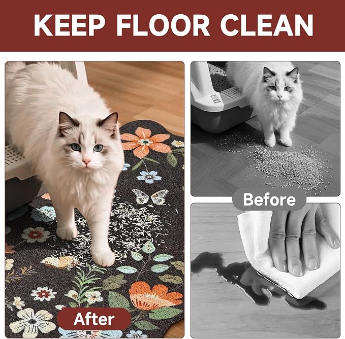 Cat Litter Mat,35"x23" Large Cute Litter Box Mat,Traps 100% Litter | Easy Clean for Scatter Control, Soft on Kitty Paws, Bohe cat food mat,Waterproof Urine Protection, Non-Slip, decor litter mat - Image 3