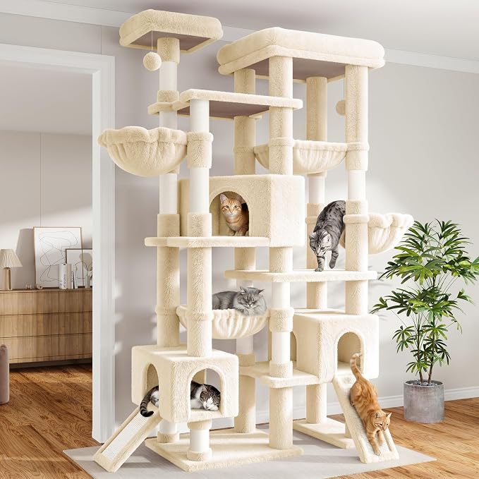 Sha Cerlin 87 in Multi-Level Tall Cat Tree Tower for Large Cats/Extra Wide Feline Activity Center/Sisal Scratching Posts/Wide Base/Cozy Plush Perches/Baskets/Hammocks/Toy Balls/Beige by SHACERLIN