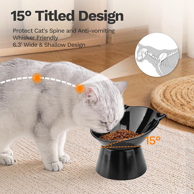 Raised Cat Bowls, 6.3" Extra Wide Shallow Elevated Cat Bowl Detachable, 15° Tilted Whisker Friendly Cat Feeding Bowl, 16oz Capacity, Anti-Vomiting, Neck Protection, Food&Water for Cats Puppies, Black - Image 3