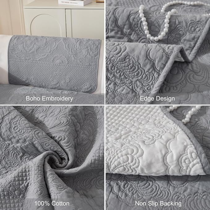 vctops Boho Cotton Quilted Couch Cover Soft Embroidered Sofa Cover Non-Slip Dog Bed Cover Scalloped Sofa Slipcover Washable Furniture Protector Cover (Light Grey,28"x59") - Image 7