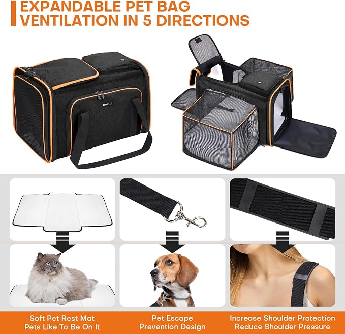 Pet Carrier, Large Soft Sided Expandable Travel Carrier with Steel Frame, Anti-Scratch Mesh, Removable Fleece Pad and Pockets for Cats, Dogs and Small Animals up to 15 lbs (Black, 4 Sides Expandable) - Image 7