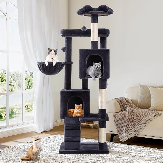 Allewie 64 Inches Multi-Level Cat Tree Tower for Indoor Cats, Dark Grey | Activity Center for Big Felines, 2 Plush Condos, 2 Perches, Cozy Basket, House, Sisal Scratching Posts, Hanging Cat Toys - Image 2