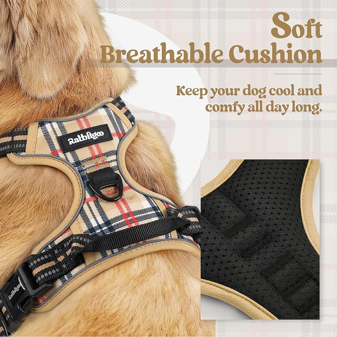 rabbitgoo Dog Harness, No Pull Medium Sized with 2 Leash Clips, Pet Vest | No Choke with Handle, Adjustable Soft Padded, Reflective, Easy Control for Walking, Beige Plaid, Medium - Image 2