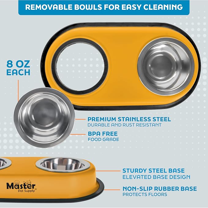 Master Pet Supply Double Dog Bowls Set with Elevated Base Mango Tango | 2 - (8 oz) Stainless Steel Removable Dishes Double Cat Food Water Bowl, Dog Puppy Food Bowl Set, Rust Resistant, Raised Dish - Image 3
