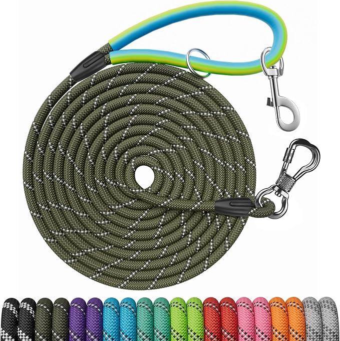 NTR 50FT Long Dog Leash with 2 Swivel Hooks, Reflective Threads and Comfortable Padded Handle, Training Leash Lead for Walking, Hunting, Camping, Backyard for Small Medium and Large Dogs by NTR