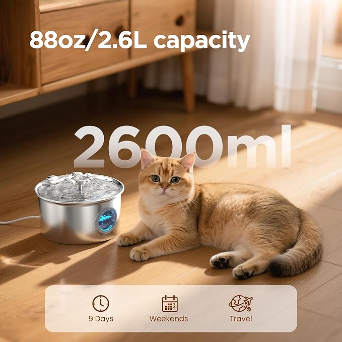 Stainless Steel Cat Water Fountain: 88oz/2.6L Pet Fountain for Drinking | Water Fountain for Cats Inside with Flower Quiet Cat Dispenser Kitty Drinking Fountain Indoor - Gifts for Pets, Small Animals - Image 2