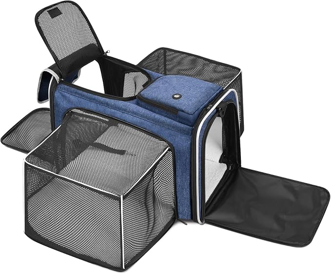 Pet Carrier, Large Soft Sided Expandable Travel Carrier with Steel Frame, Anti-Scratch Mesh, Removable Fleece Pad and Pockets for Cats, Dogs and Small Animals up to 15 lbs (Blue, 4 Sides Expandable) by Handor