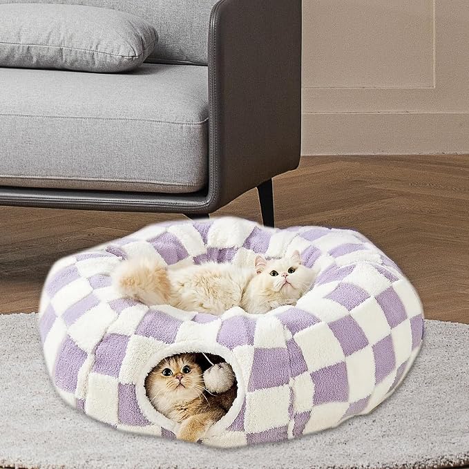 Cat Tunnel Bed with Washable Cushion for Indoor Cat, Donut Cave Tube Toys for Kitten Puppy Rabbit, Purple - Image 7