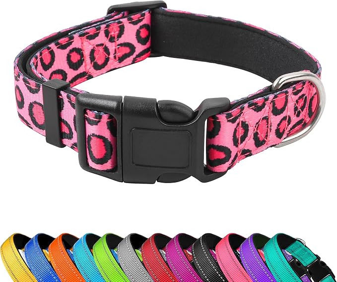 Reflective Dog Collar, Adjustable Soft Neoprene Padded,Leopard Pink,S | Breathable Nylon for Small Dogs,Tear-Resistant Webbing,Chafe‑Free on Walks and Hikes,Metal D-Ring,Night Safety by PWOD