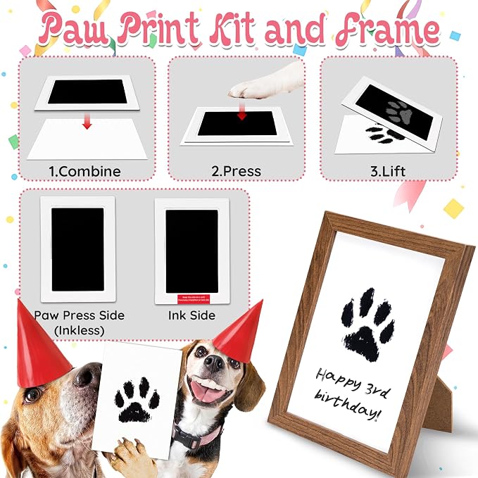 LECHONG 7Pcs Dog Birthday Toys Gifts, No-Mess Paw Print Keepsake Kit with Squeaky Dog Cake Toy, Plush Crinkle Toy, Pet-Safe Ink Pad & Photo Frame for Small Medium Dogs - Image 4