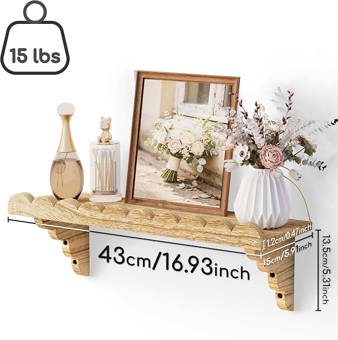 Scalloped Wood Wall Shelf – 17 Inch Floating Shelf with Wood Brackets, Easy to Install Rustic Wall Shelf for Living Room, Bedroom, Bathroom, or Any Space - Light Brown - Image 3