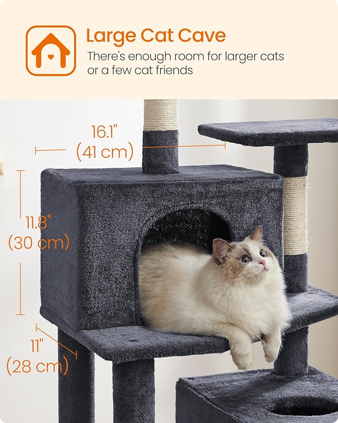 Feandrea Cat Tree, 73.2-Inch Tall Cat Tower, Plush Multi-Level Condo with 5 Scratching Posts, 2 Perches, 2 Caves, Hammock, 2 Pompoms, Smoky Gray UPCT191G01 - Image 7