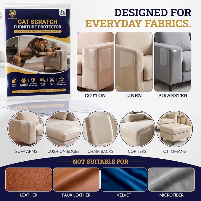 Cat Scratch Furniture Protector Sheets – Sticky Double-Sided Clear Training Tape & Cover, Anti-Scratch Sofa, Couch, Chair & Corner Guard – Cotton, Linen & Polyester Upholstery (12-Pack) - Image 4